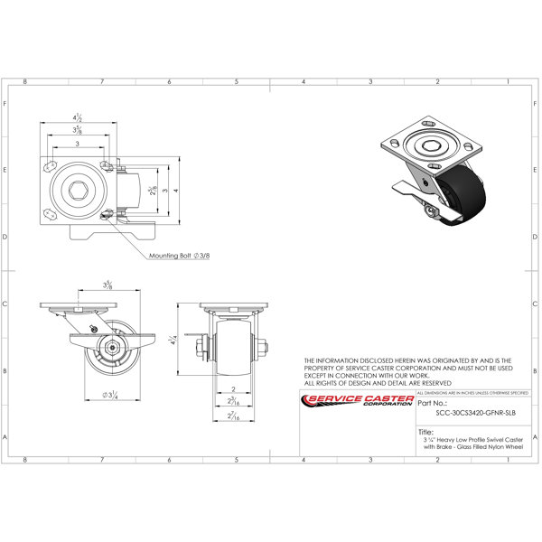 Service Caster 3.25 Inch Glass Filled Nylon Caster with Roller Bearing